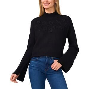 CeCe Women's Floral Embroidered Mock Neck Bell-Sleeve Sweater Black Size XL 1646